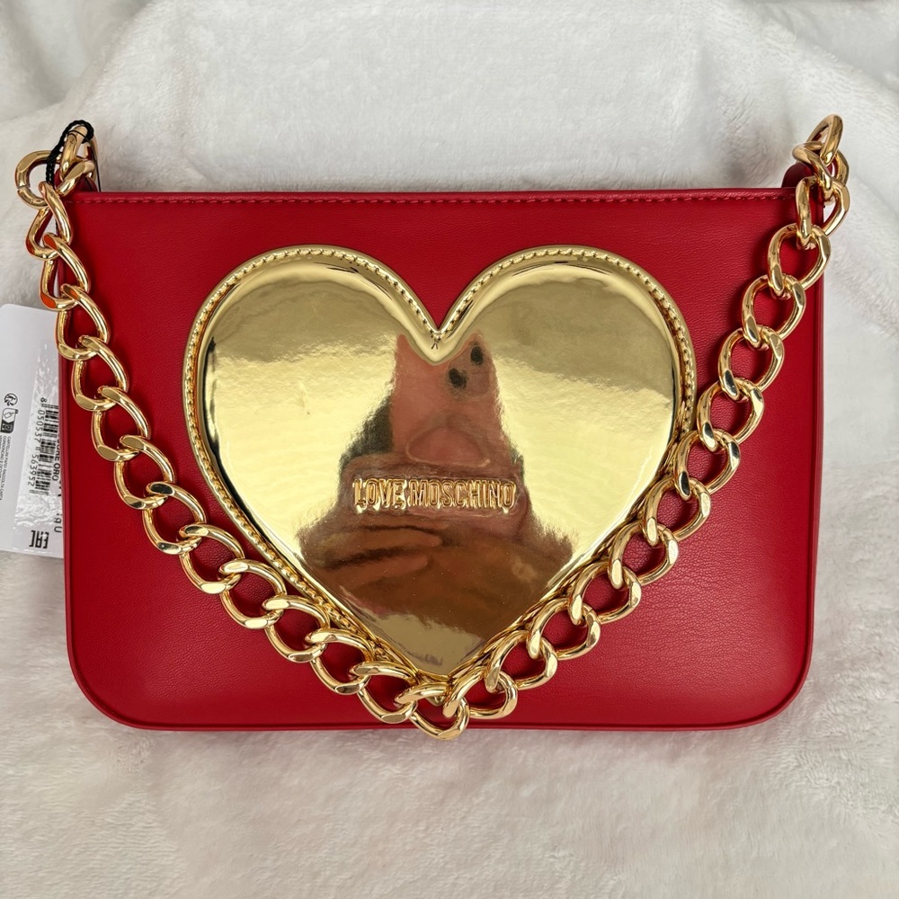 LOVE MOSCHINO Red with Gold Heart Zippered Vegan Leather Handbag/Crossbody--NWT - Picture 5 of 16